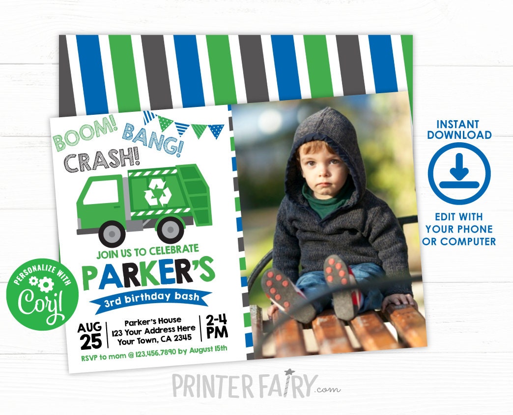 Trash Truck Birthday Invitation Editable Template with Photo (Instant Download)