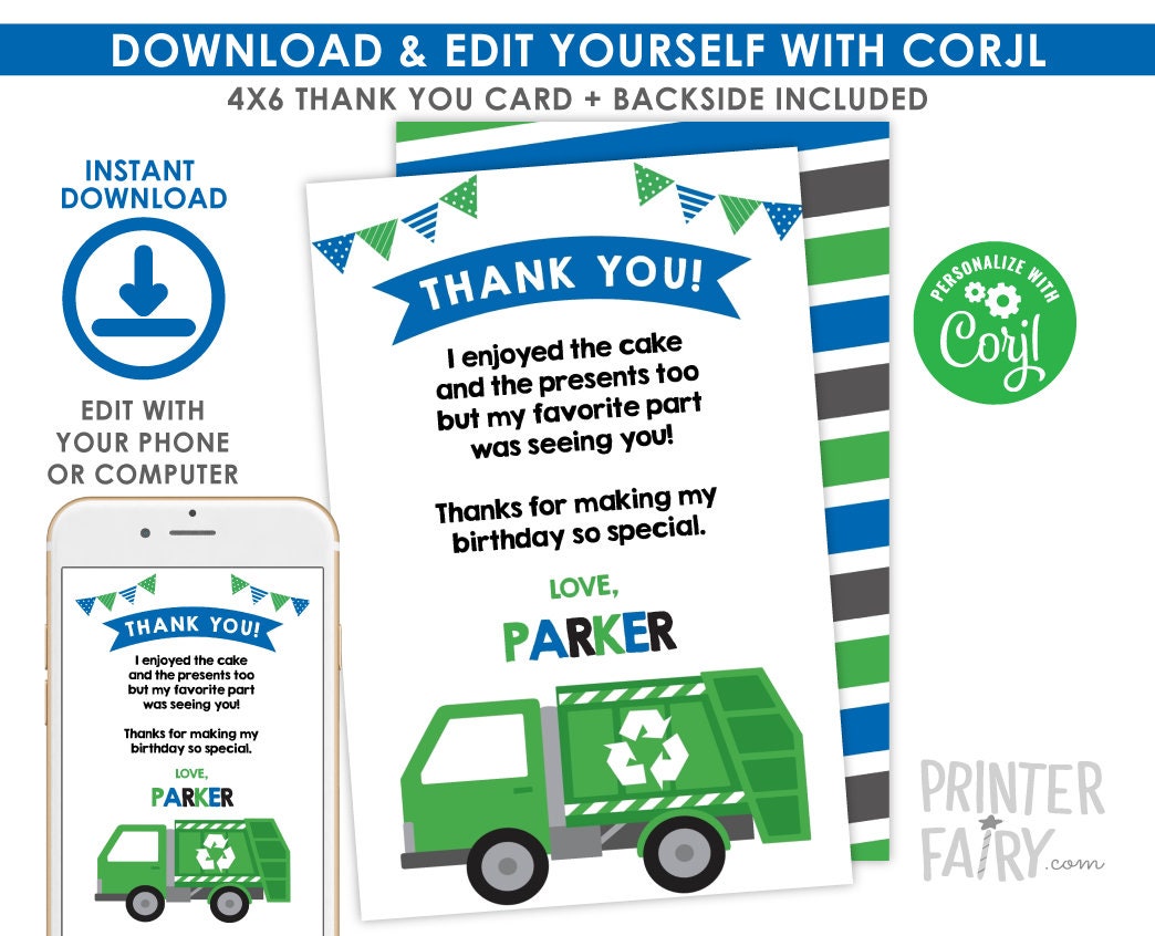 Trash Truck Thank You Cards, Recycle Birthday (EDITABLE, INSTANT DOWNLOAD)