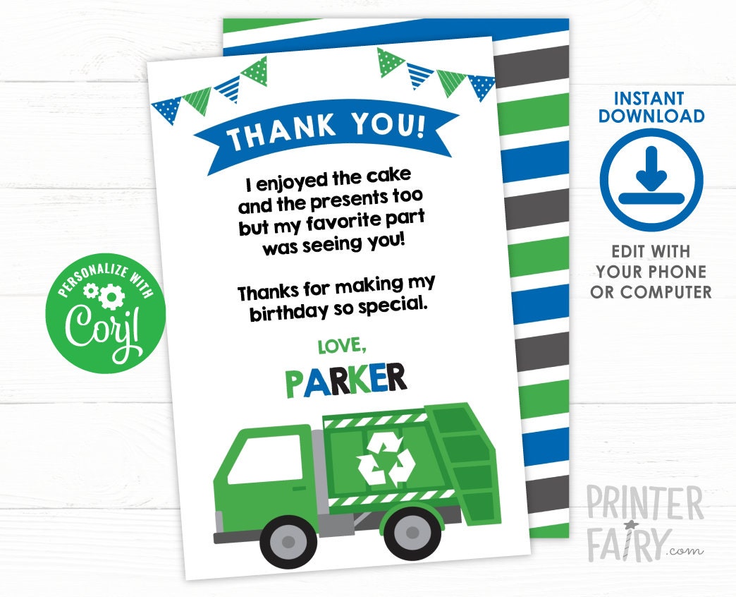 Trash Truck Thank You Cards, Recycle Birthday (EDITABLE, INSTANT DOWNLOAD)