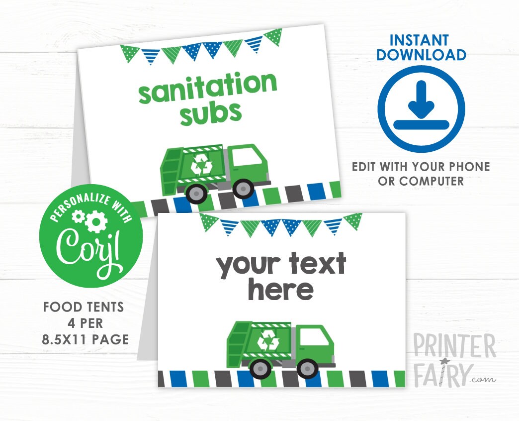 Editable Trash Truck Birthday Food Tents, Recycle Party (Instant Download)