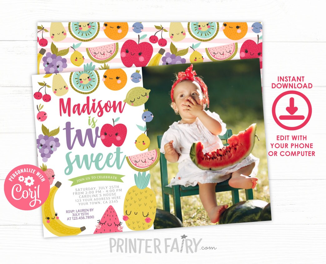 Tutti Frutti 2nd Birthday Invitation with Photo Editable Template Summer Party (Digital Download)