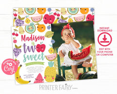 Tutti Frutti 2nd Birthday Invitation with Photo Editable Template Summer Party (Digital Download)