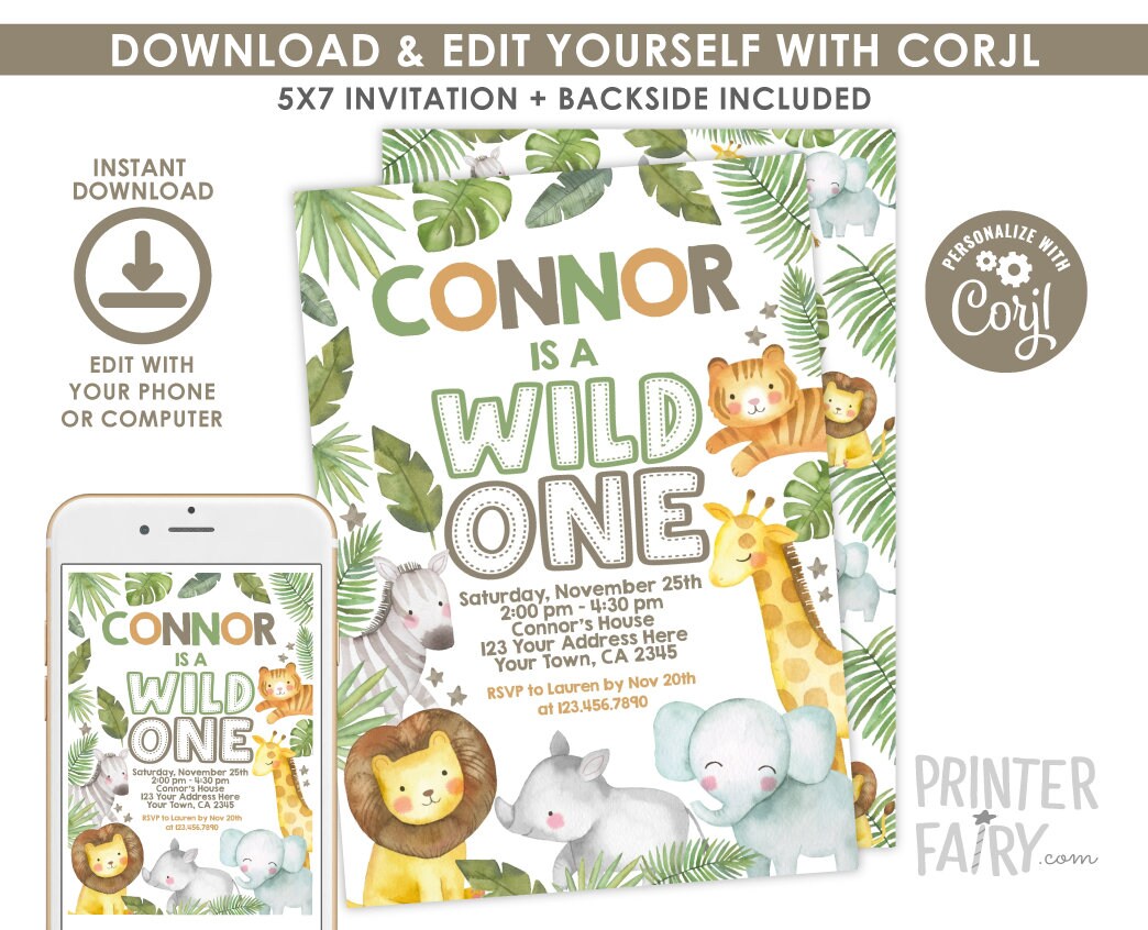 Safari 1st Birthday Invitation, Jungle Animals Party (Digital Download)