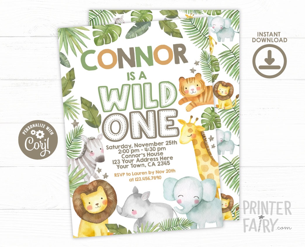 Safari 1st Birthday Invitation, Jungle Animals Party (Digital Download)