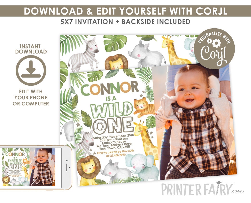 Wild One Safari Birthday Invitation, Jungle Animals (Digital Download)