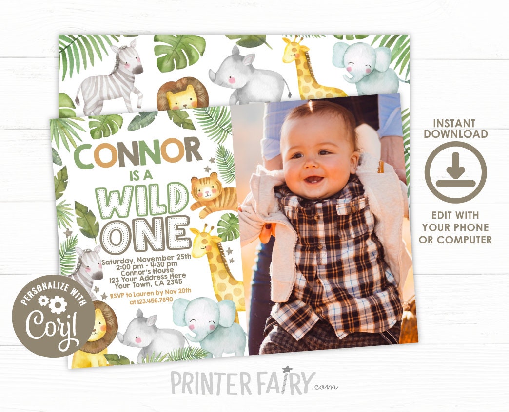 Wild One Safari Birthday Invitation, Jungle Animals (Digital Download)