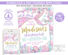 Mermaid Birthday Invitation Editable Template, Under the Sea Party (Digital Instant Download)