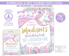 Mermaid Birthday Invitation Editable Template, Under the Sea Party (Digital Instant Download)