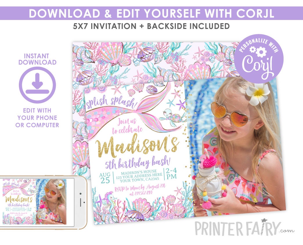 Editable Mermaid Birthday Invitation with Photo (Digital Download)