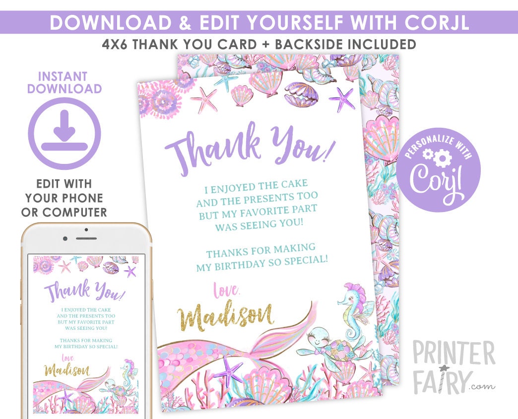 Editable Mermaid Thank You Cards, Under The Sea Party (Digital Download)