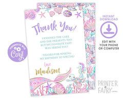 Editable Mermaid Thank You Cards, Under The Sea Party (Digital Download)
