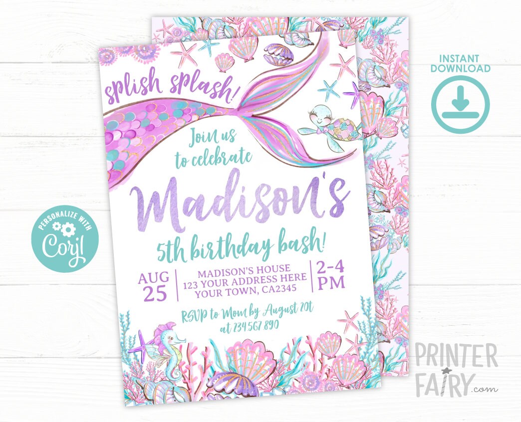 Mermaid Birthday Invitation Editable Template, Under the Sea Party, Instant Download