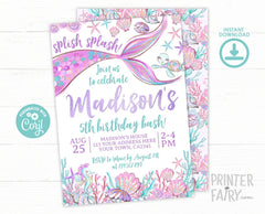 Mermaid Birthday Invitation Editable Template, Under the Sea Party, Instant Download