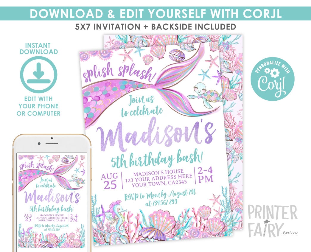 Mermaid Birthday Invitation Editable Template, Under the Sea Party, Instant Download