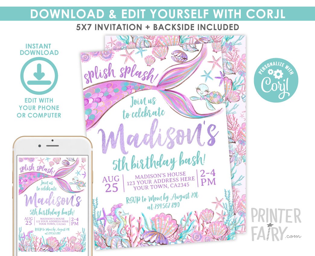 Mermaid Birthday Invitation Editable Template, Under the Sea Party, Instant Download