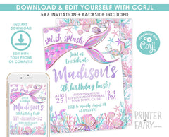 Mermaid Birthday Invitation Editable Template, Under the Sea Party, Instant Download