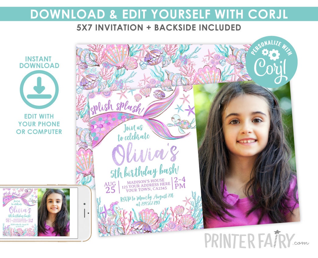 Editable Mermaid Birthday Invitation, Under the Sea Party (Digital Download)