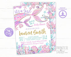 Mermaid Baby Shower Invitation, Under the Sea, EDITABLE (Instant Download)