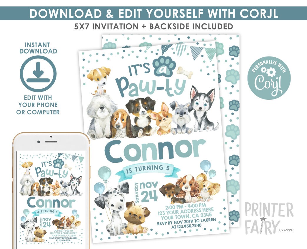 Puppy Birthday Pawty Invitation, Dog Pet Adoption (INSTANT DOWNLOAD)