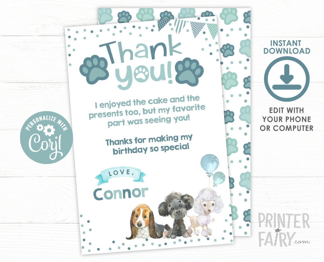 Puppy Thank You Cards, Dog Birthday Party Notes (Instant Download)