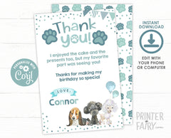 Puppy Thank You Cards, Dog Birthday Party Notes (Instant Download)