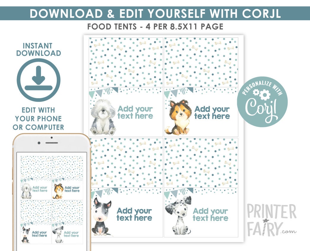 Puppy Food Cards, Dog Birthday Decorations, Pet Adoption Party Tents (Instant Download)