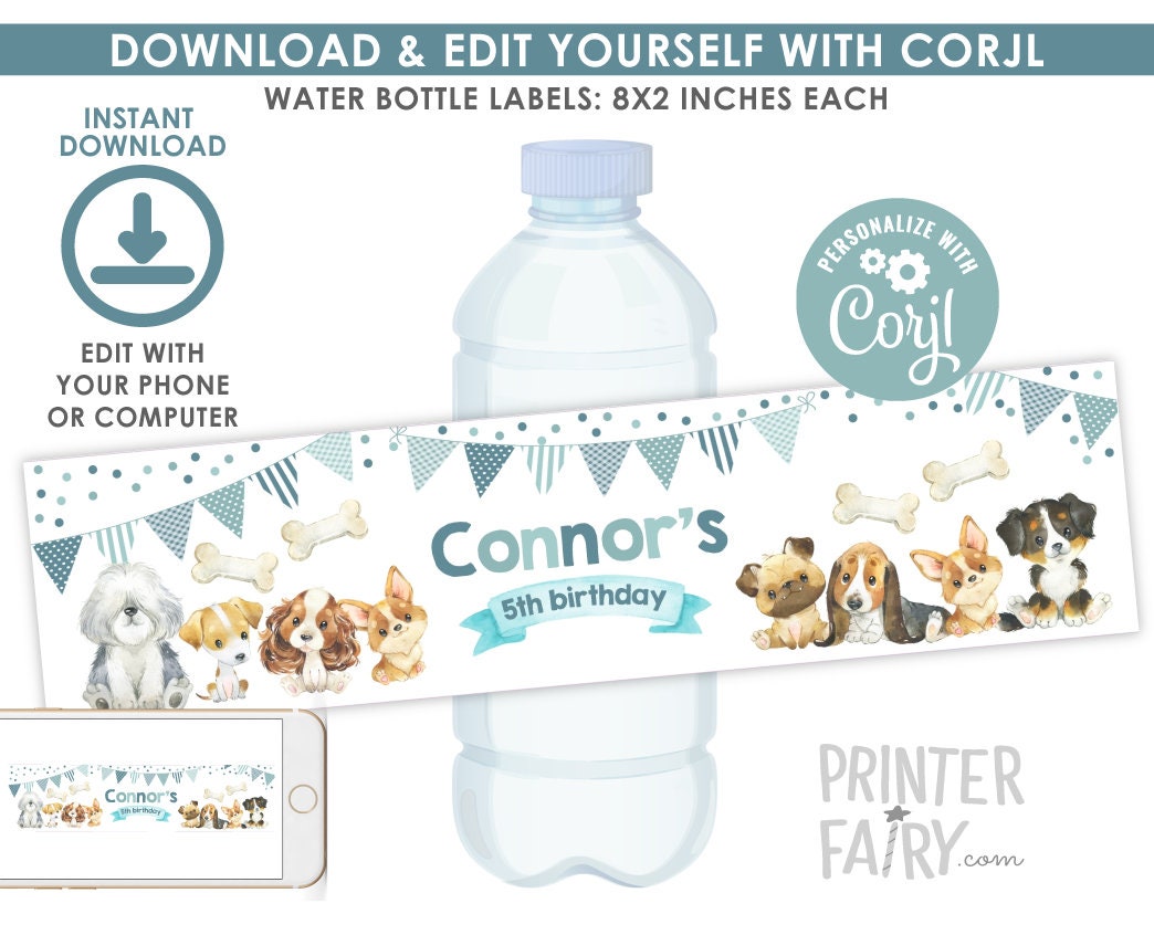 Puppy Birthday Water Bottle Labels, Dog Paw-ty Decorations (Instant Download)