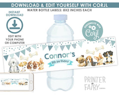 Puppy Birthday Water Bottle Labels, Dog Paw-ty Decorations (Instant Download)