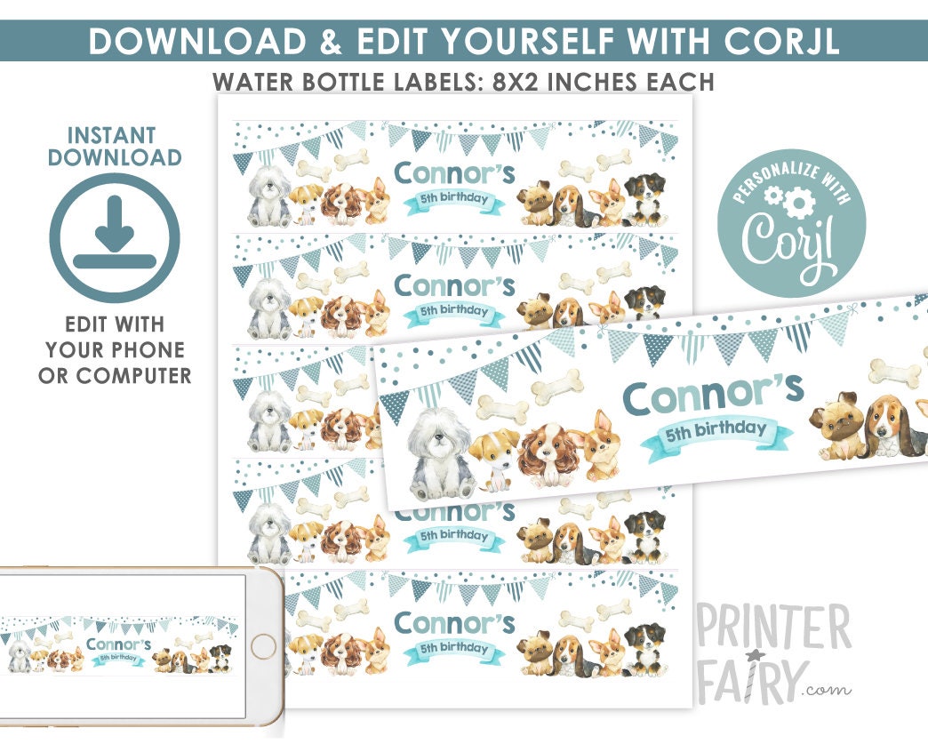 Puppy Birthday Water Bottle Labels, Dog Paw-ty Decorations (Instant Download)