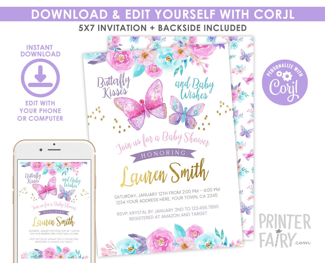 Butterfly Baby Shower Invitation, Spring Floral Girl Invite (Digital Download)