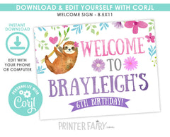 Sloth Welcome Sign, EDITABLE Birthday Party Decoration (Instant Download)