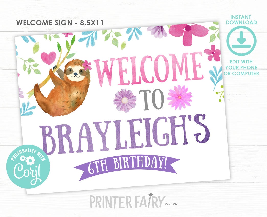 Sloth Welcome Sign, EDITABLE Birthday Party Decoration (Instant Download)