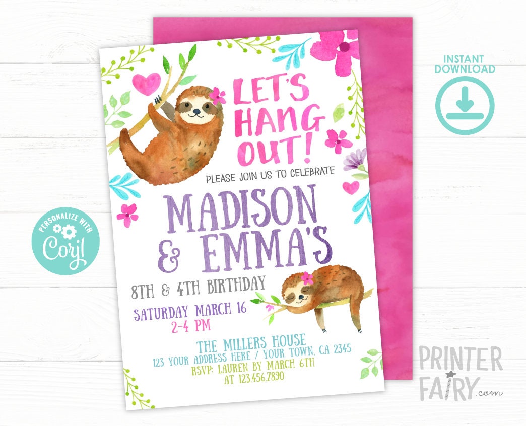 Sloth Birthday Invitation, Jungle Party, Editable Digital Invite