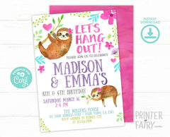 Sloth Birthday Invitation, Jungle Party, Editable Digital Invite