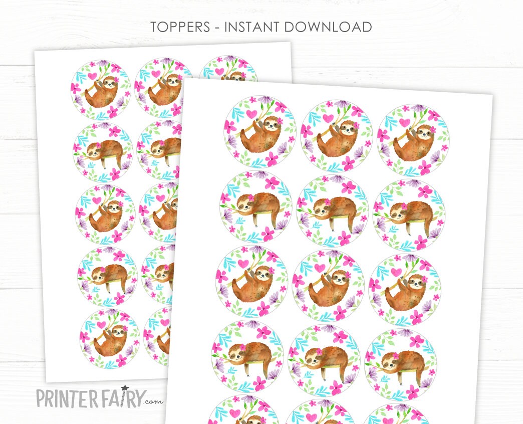 Sloth Birthday Party Toppers, Round Labels or Stickers (Digital files), Instant Download