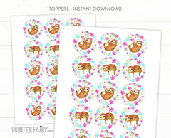 Sloth Birthday Party Toppers, Round Labels or Stickers (Digital files), Instant Download