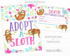 Sloth Adoption Sign and Certificate, Sloth Party Decor (Digital Files)