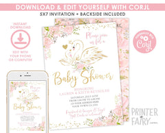 Swan Baby Shower Invitation Editable Template, INSTANT DOWNLOAD