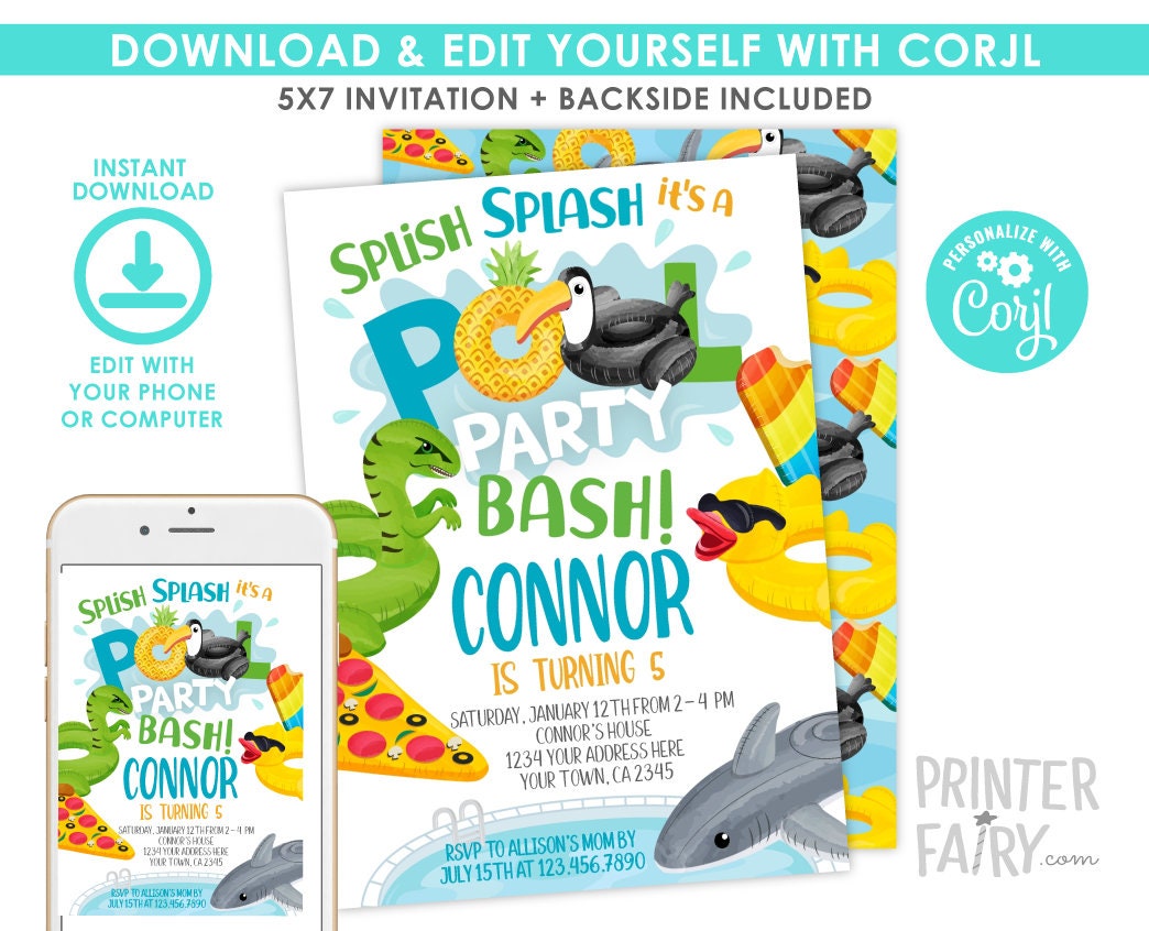 Pool Party Invitation, Shark, Dinosaur, Summer Birthday (EDITABLE, Instant Download)