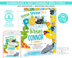 Pool Party Invitation, Shark, Dinosaur, Summer Birthday (EDITABLE, Instant Download)