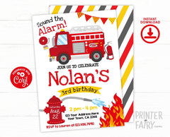 Firefighter Birthday Party Invitation Editable Template, Firetruck Theme, INSTANT DOWNLOAD