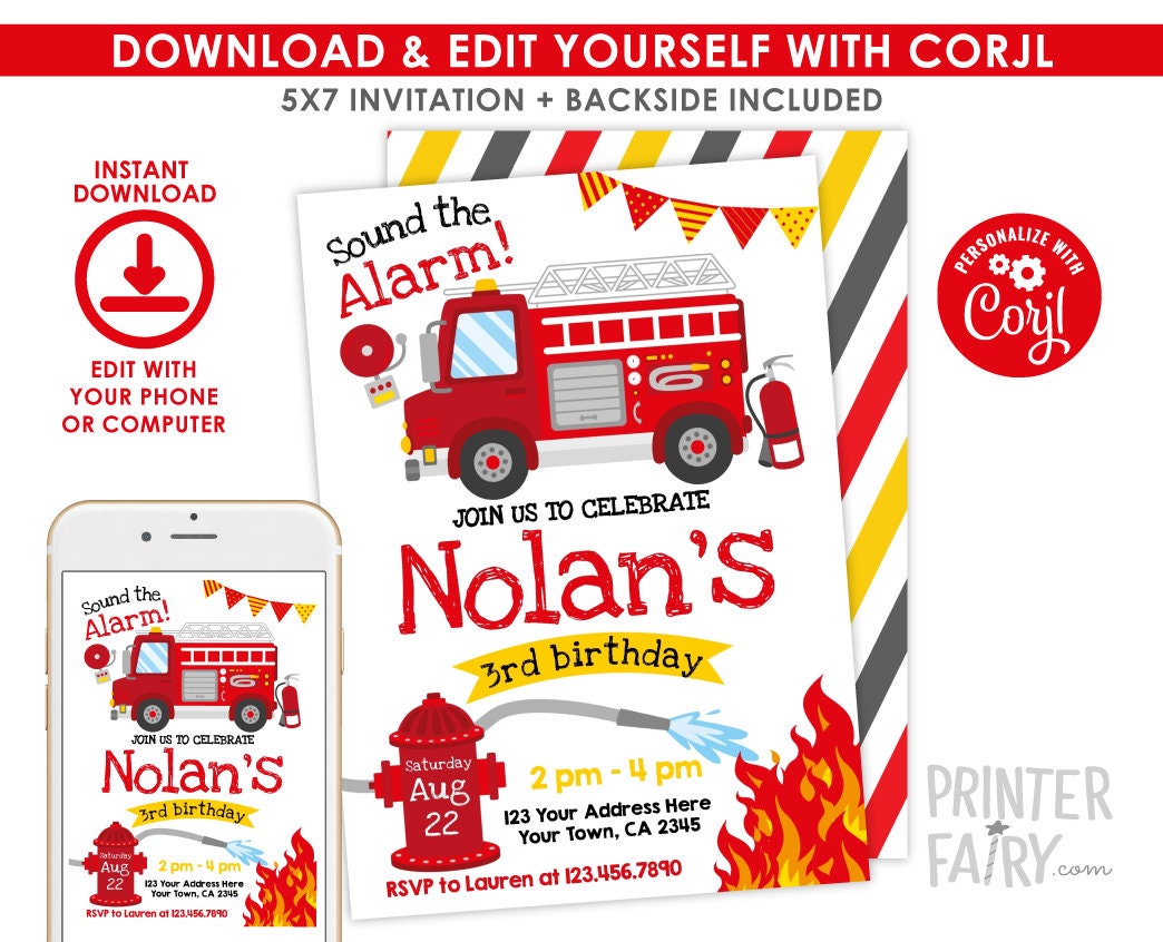 Firefighter Birthday Party Invitation Editable Template, Firetruck Theme, INSTANT DOWNLOAD