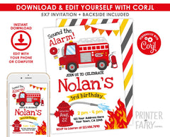 Firefighter Birthday Party Invitation Editable Template, Firetruck Theme, INSTANT DOWNLOAD