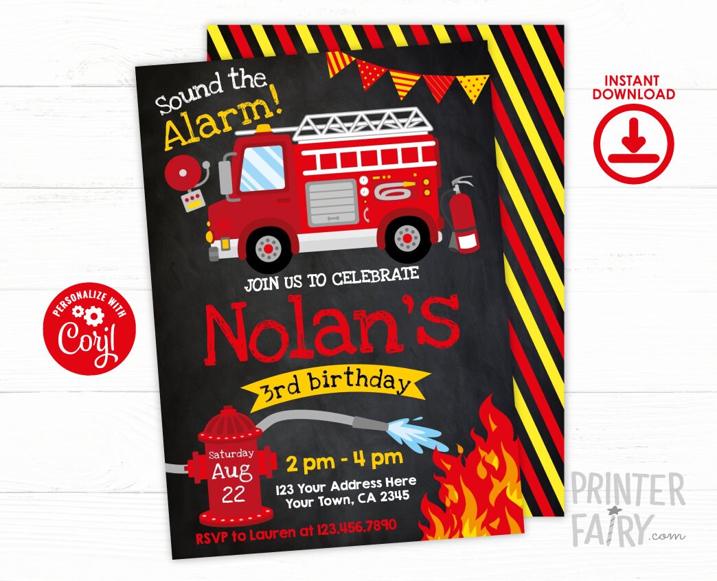 Firefighter Birthday Invitation, Firetruck Party (Editable, Instant Download)