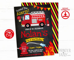 Firefighter Birthday Invitation, Firetruck Party (Editable, Instant Download)