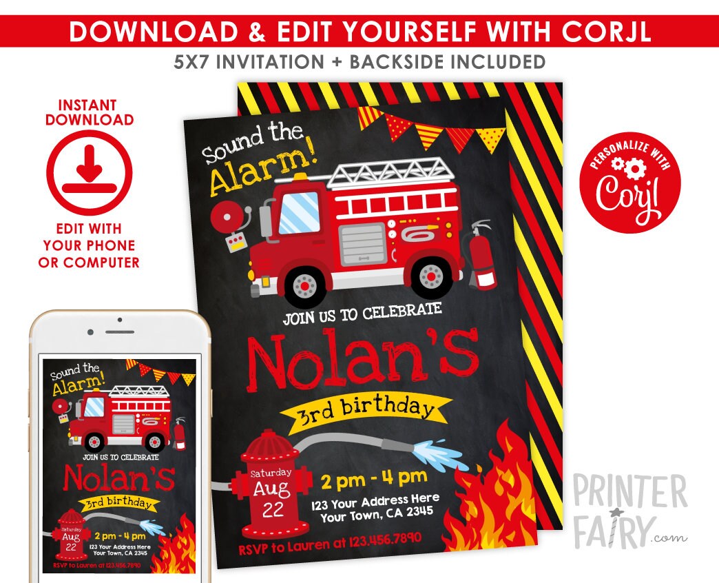 Firefighter Birthday Invitation, Firetruck Party (Editable, Instant Download)