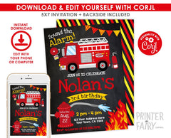Firefighter Birthday Invitation, Firetruck Party (Editable, Instant Download)