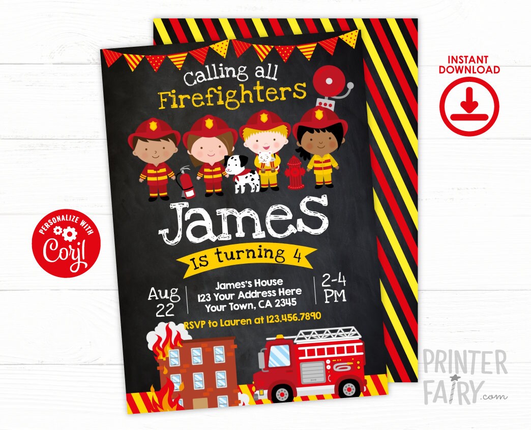 Editable Firefighter Birthday Party Invitation Template (Instant Download)