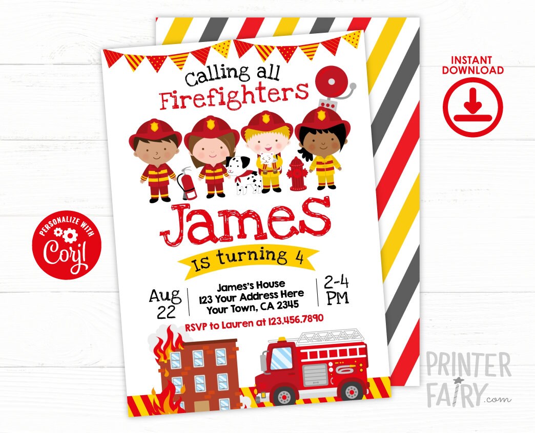 Firefighter Birthday Invitation, Firetruck Party (INSTANT DOWNLOAD)