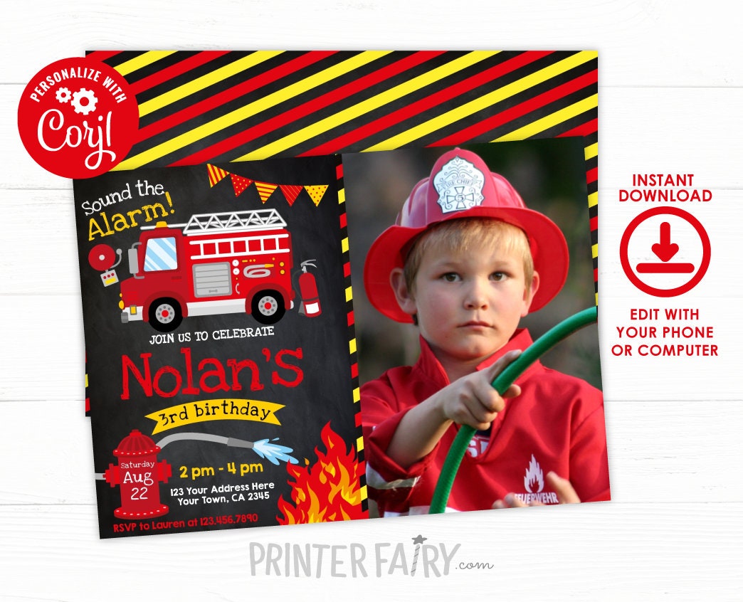 Firefighter Birthday Party Invitation Editable Template with photo, INSTANT DOWNLOAD
